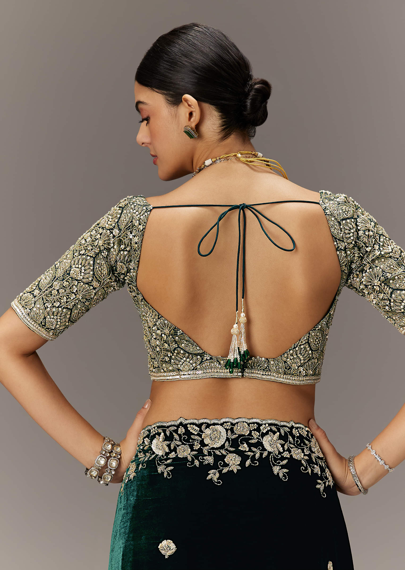 Indian Deep Green Embroidered Velvet Saree (2-Piece) - Image 7