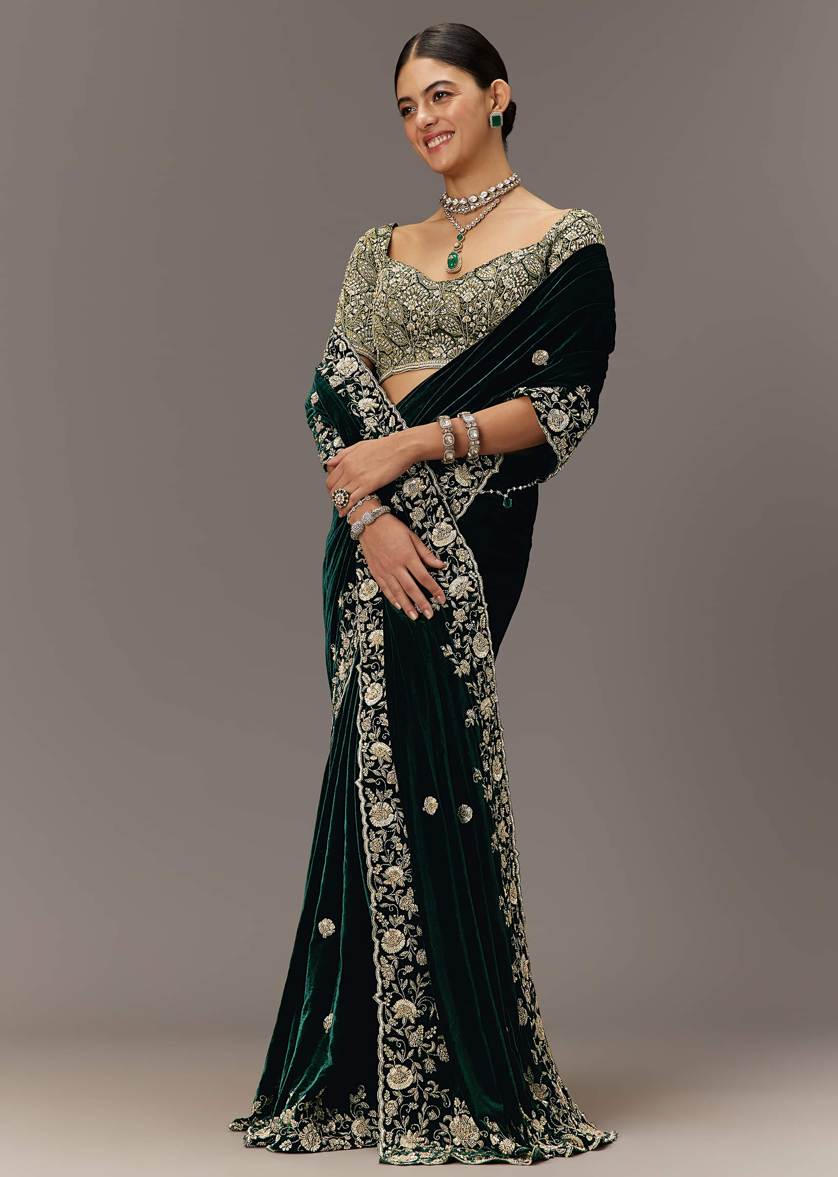 Indian Deep Green Embroidered Velvet Saree (2-Piece) - Image 9