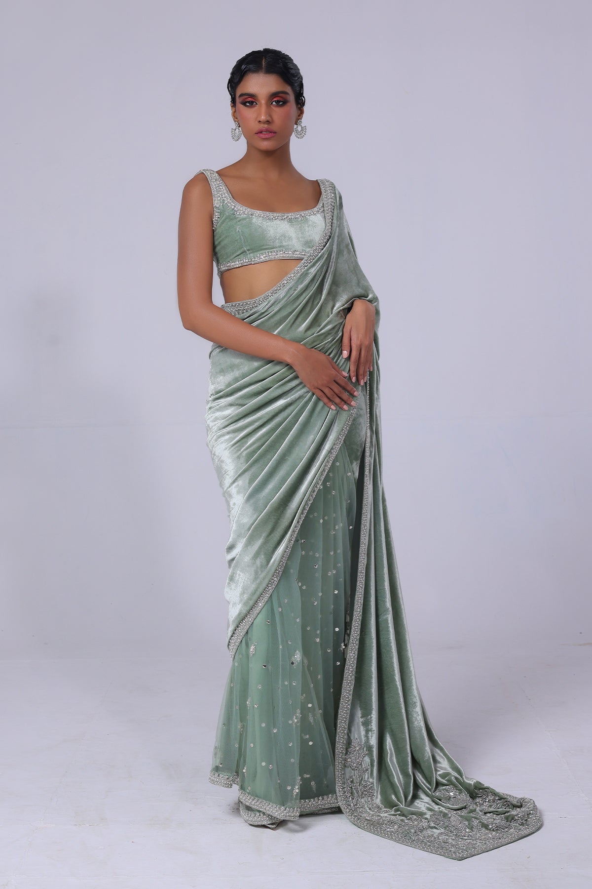 Light Green Embellished Velvet & Net Mukesh Saree (3-Piece) - Image 1