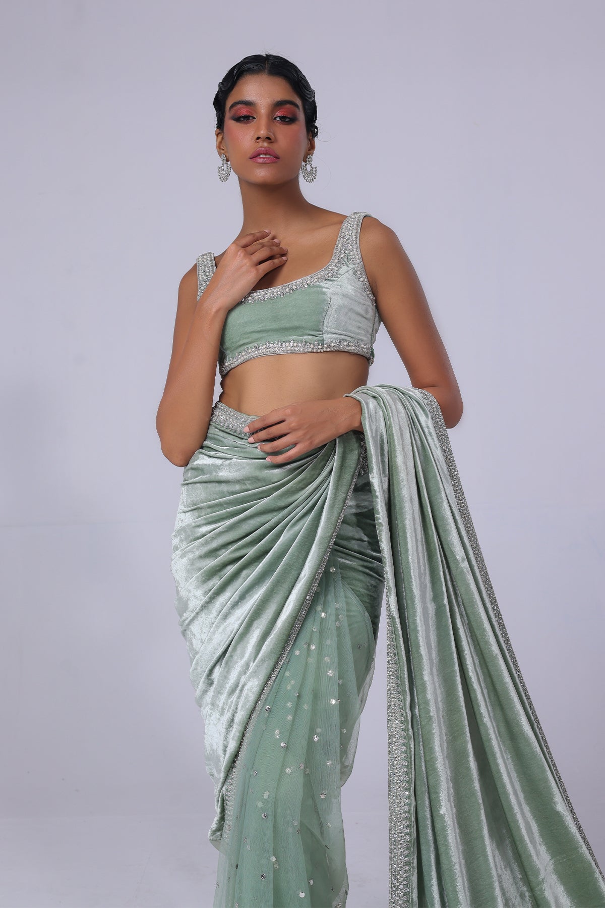 Light Green Embellished Velvet & Net Mukesh Saree (3-Piece) - Image 2
