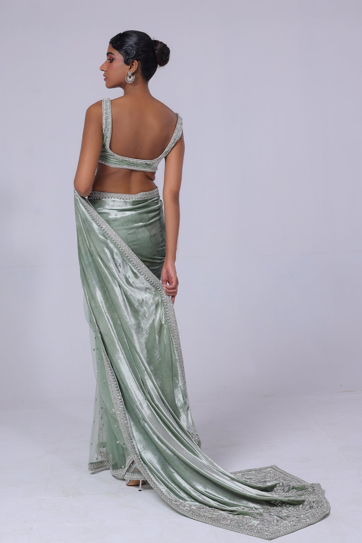 Light Green Embellished Velvet & Net Mukesh Saree (3-Piece) - Image 3