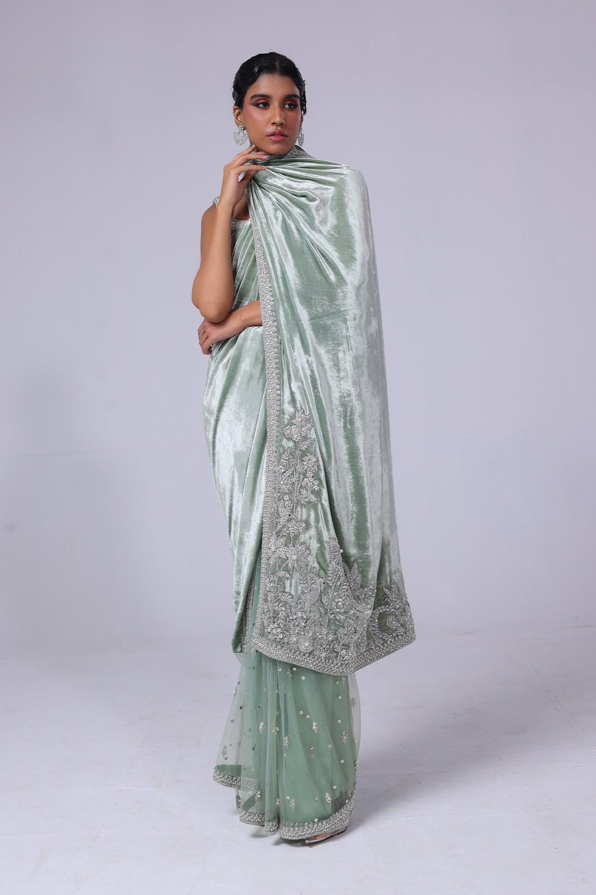 Light Green Embellished Velvet & Net Mukesh Saree (3-Piece) - Image 4