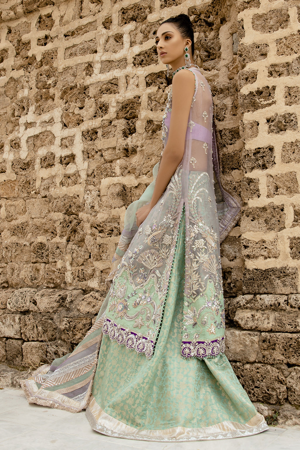 Mint Hand-Embroidered Brocade Sharara (3-Piece) - Image 1