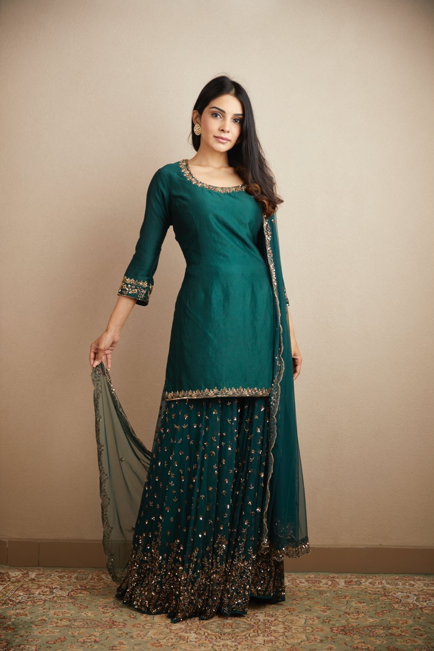 Teal Green Embroidered Chanderi & Net Sharara (3-Piece) - Image 1