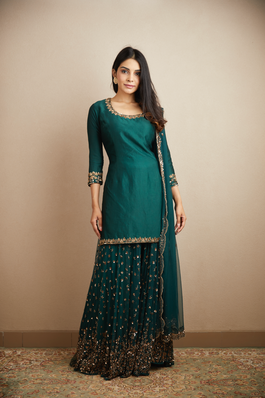Teal Green Embroidered Chanderi & Net Sharara (3-Piece) - Image 2