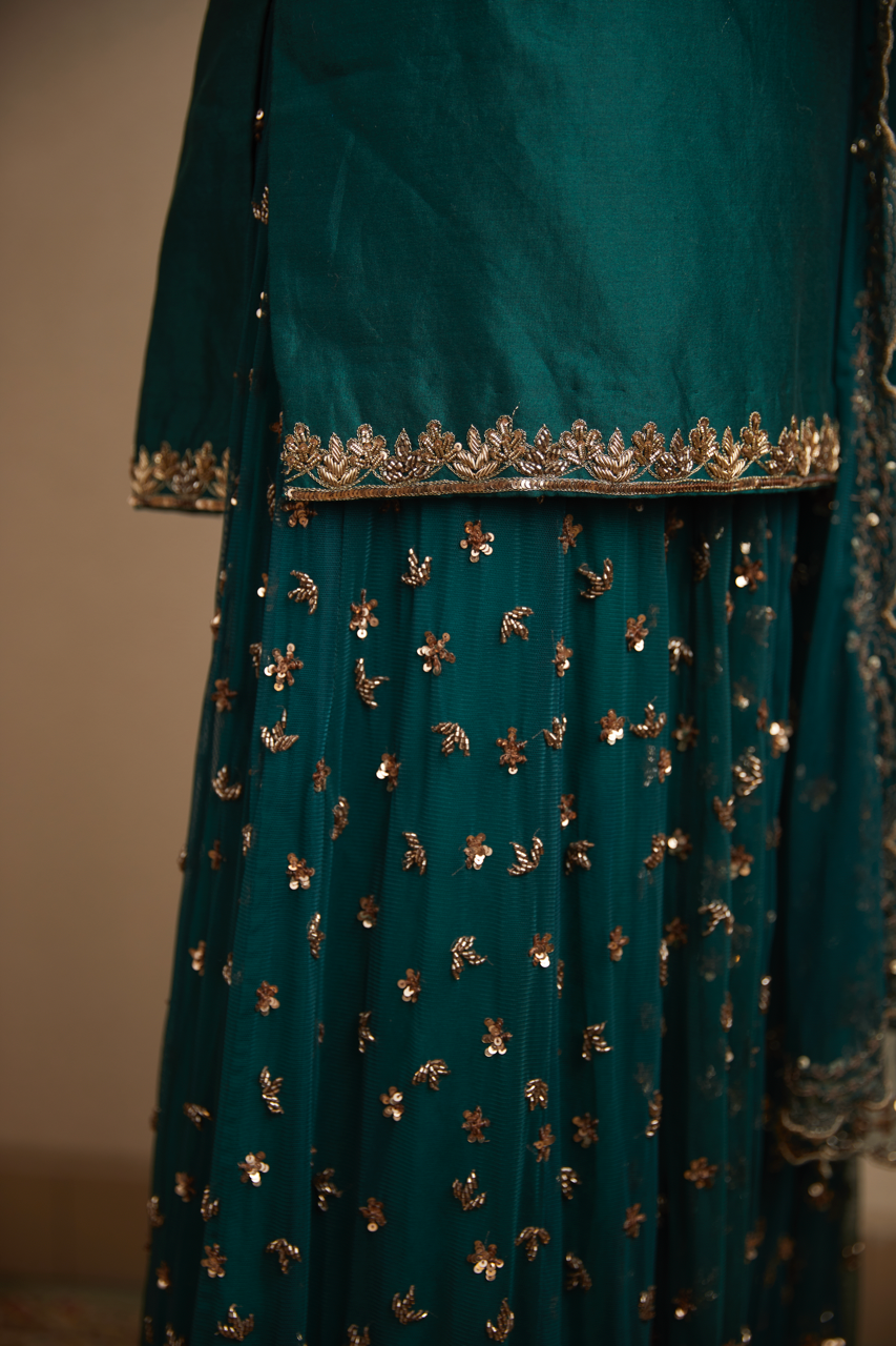 Teal Green Embroidered Chanderi & Net Sharara (3-Piece) - Image 3