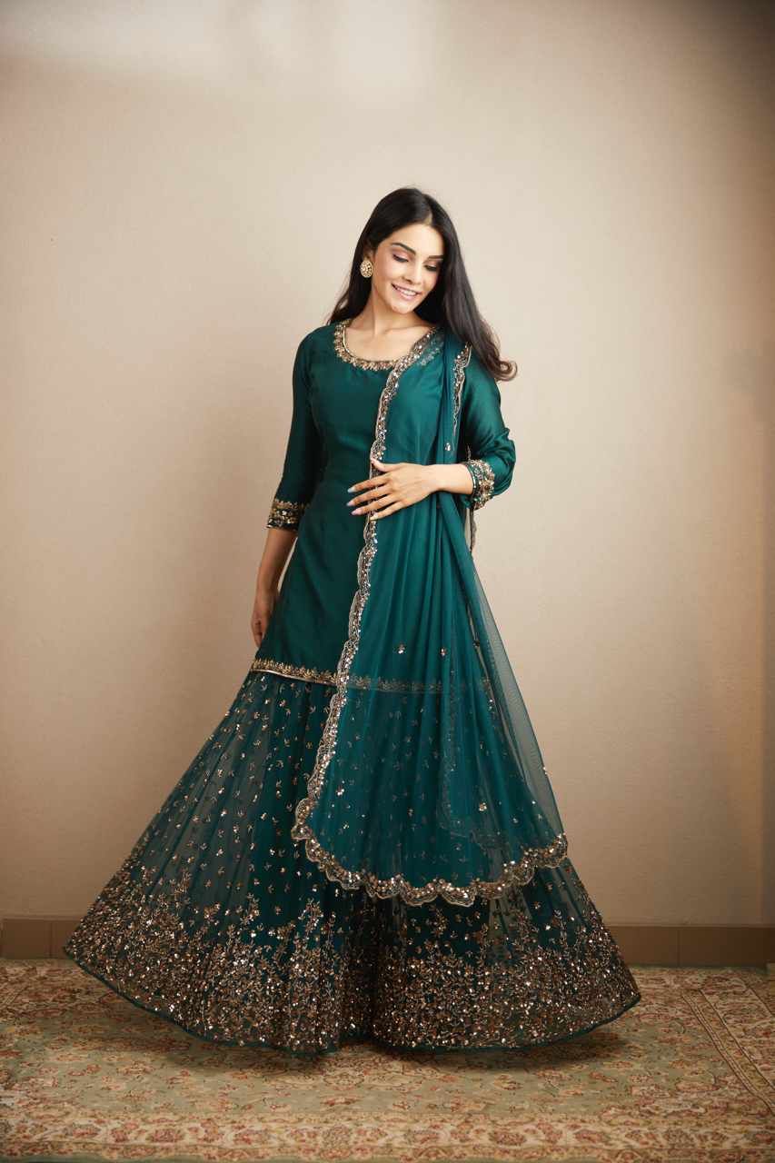 Teal Green Embroidered Chanderi & Net Sharara (3-Piece) - Image 4