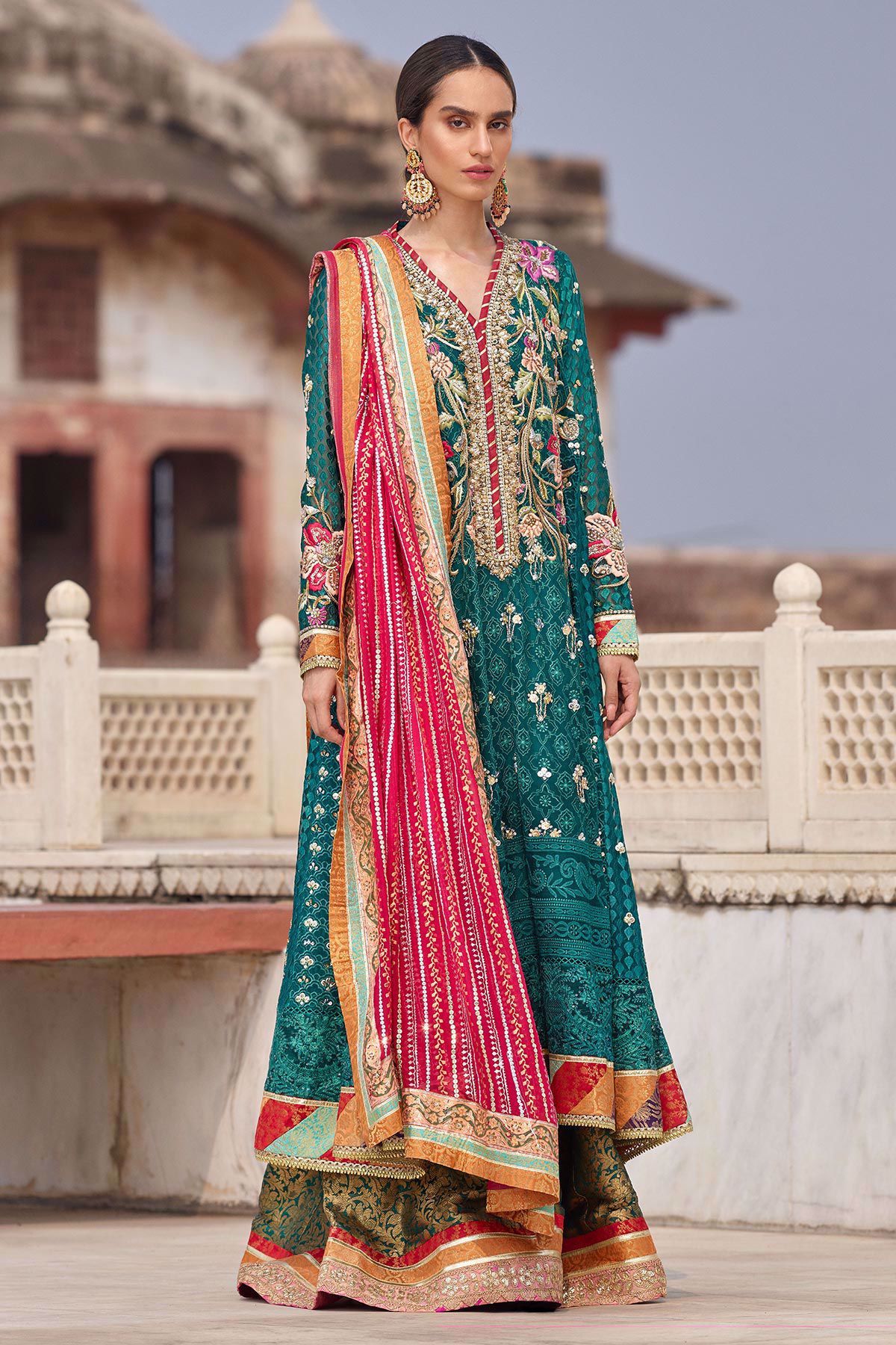 Pakistani Emerald Green Embroidered Chiffon Sharara (3-Piece) - Image 1
