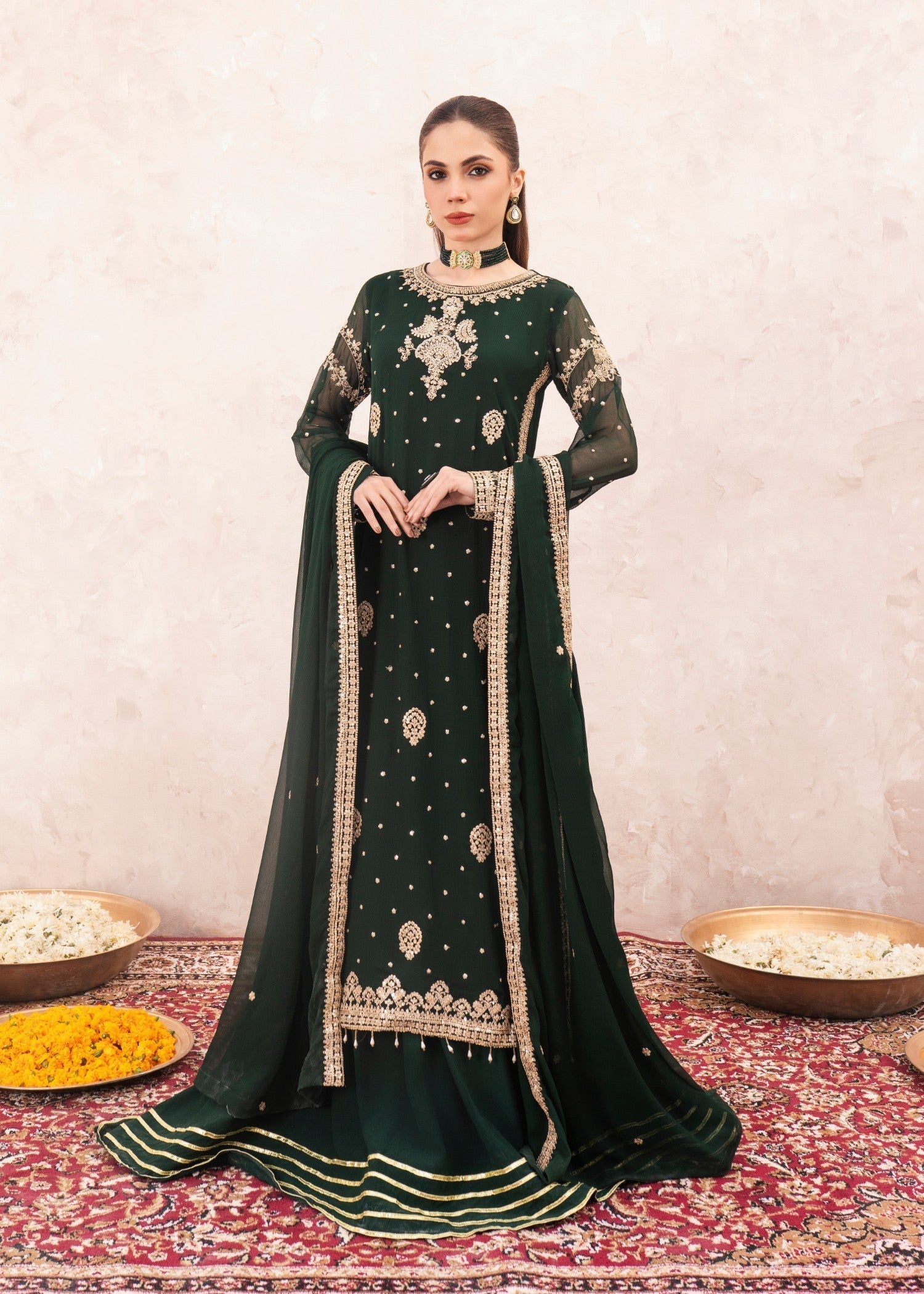 Dark Green Embroidered Chiffon Sharara Set (3-Piece) - Image 1