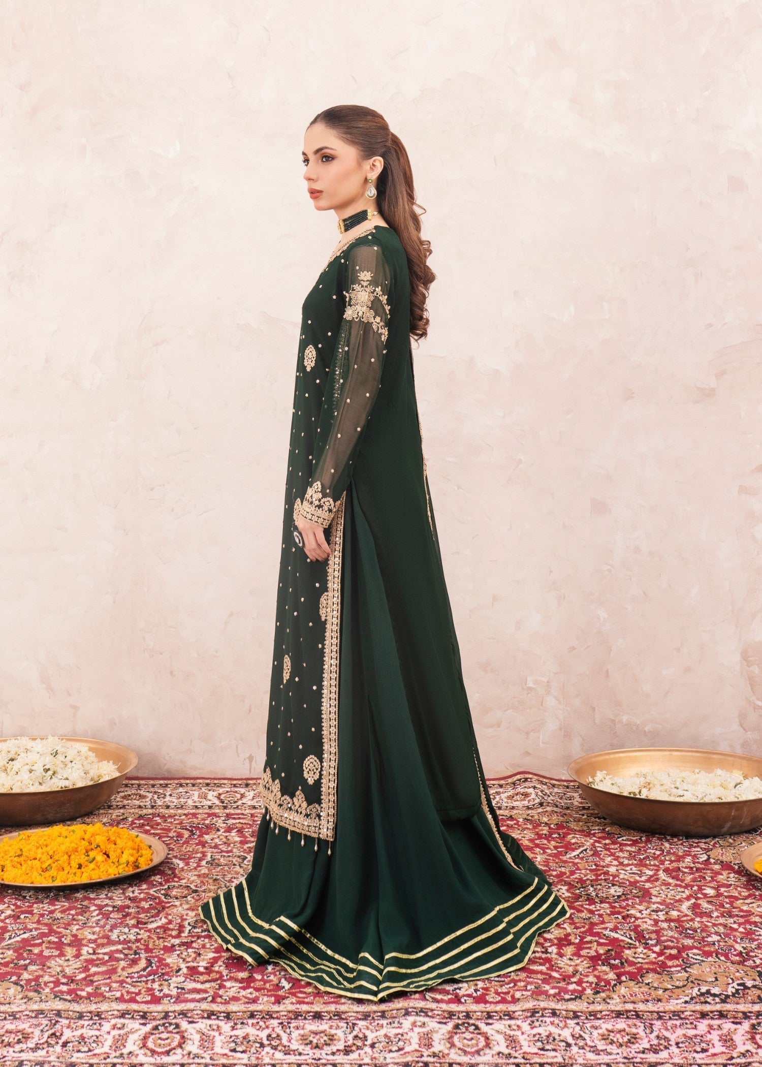 Dark Green Embroidered Chiffon Sharara Set (3-Piece) - Image 2