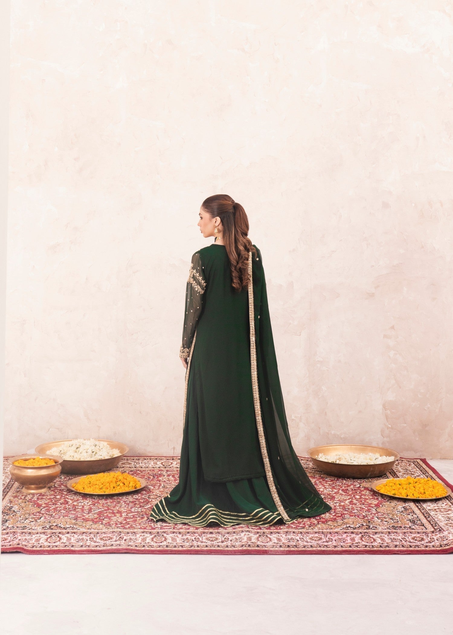 Dark Green Embroidered Chiffon Sharara Set (3-Piece) - Image 3