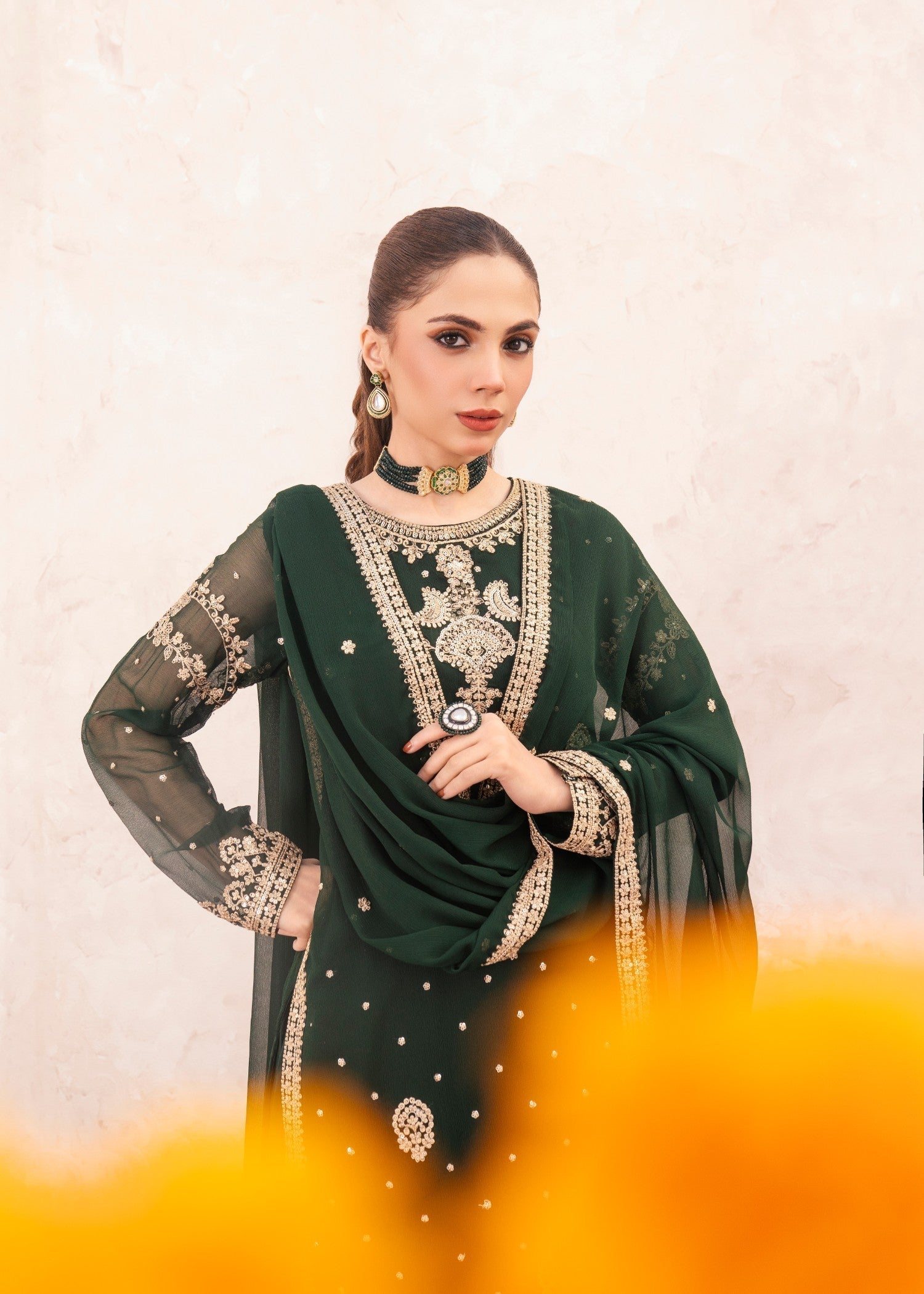 Dark Green Embroidered Chiffon Sharara Set (3-Piece) - Image 4