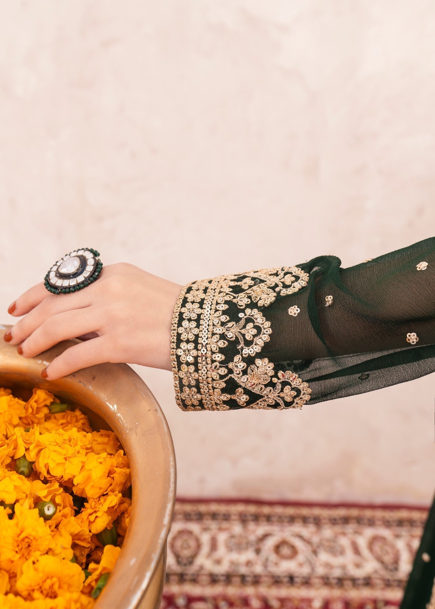 Dark Green Embroidered Chiffon Sharara Set (3-Piece) - Image 5