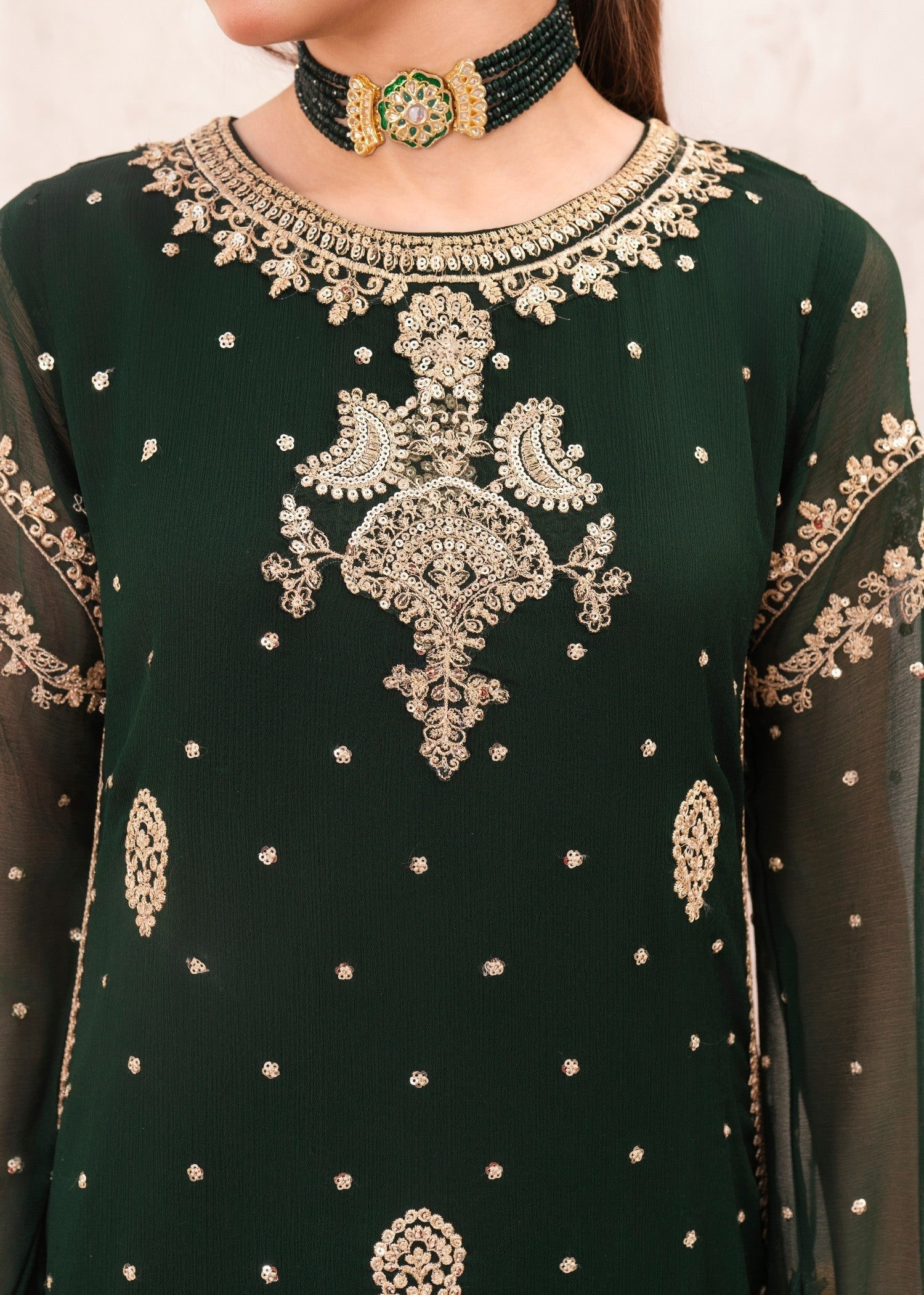 Dark Green Embroidered Chiffon Sharara Set (3-Piece) - Image 6