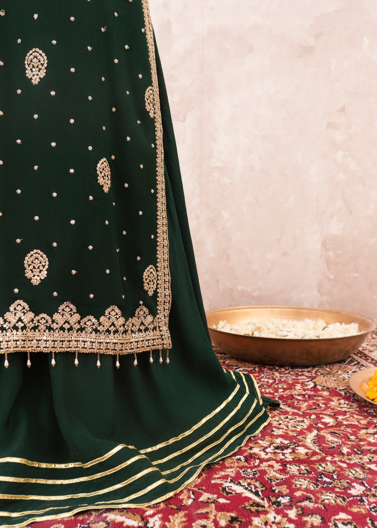 Dark Green Embroidered Chiffon Sharara Set (3-Piece) - Image 7