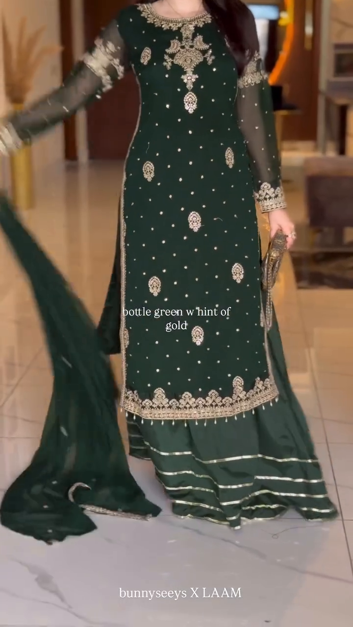 Dark Green Embroidered Chiffon Sharara Set (3-Piece) - Image 8