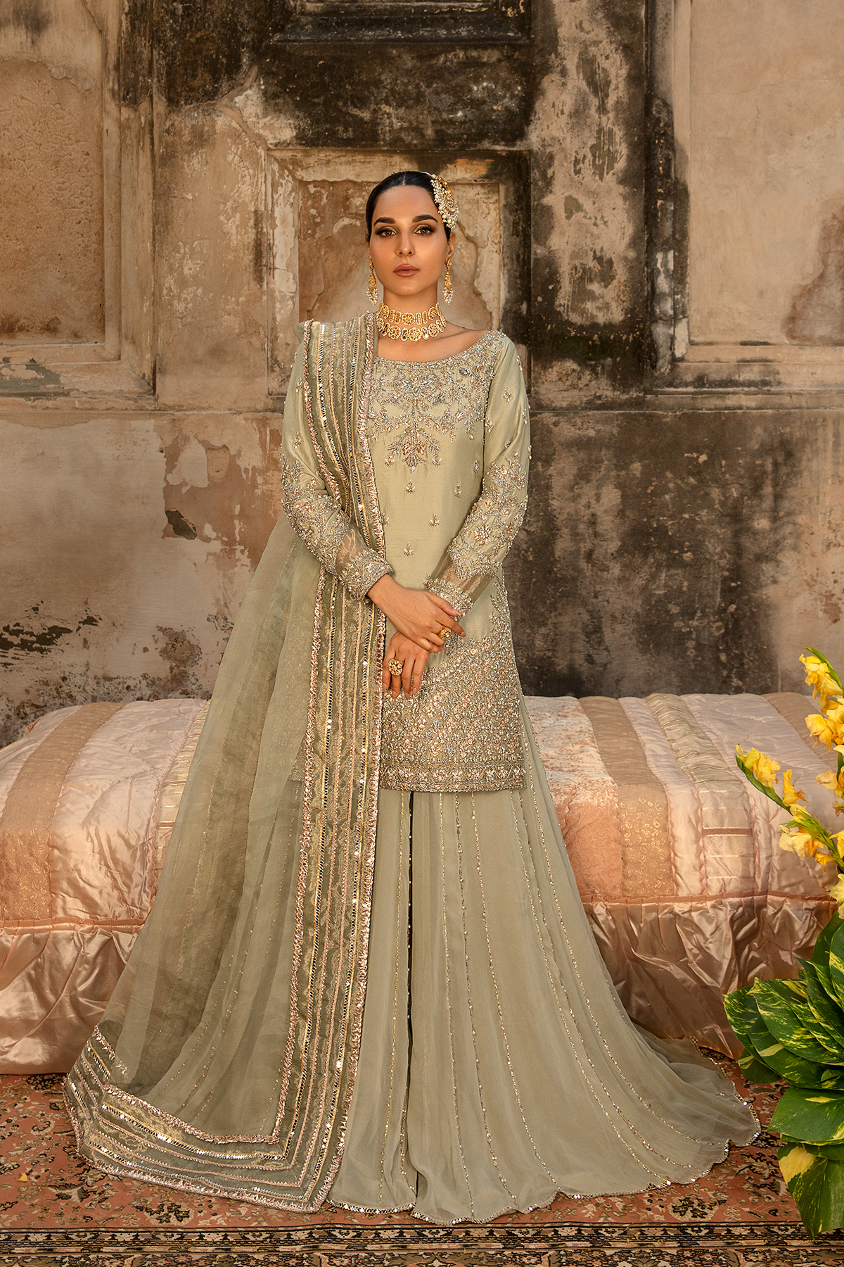 Pakistani Moss Green Embroidered Silk-Blend Sharara (3-Piece) - Image 1