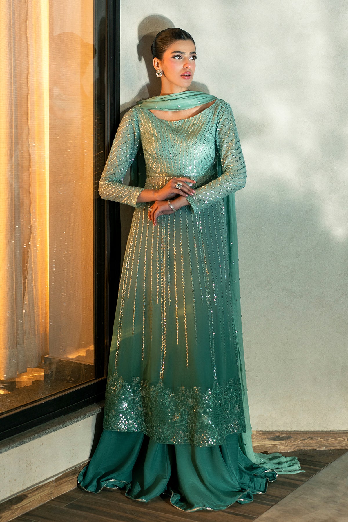 Sea Green Ombré Embroidered Chiffon Sharara (3-Piece) - Image 1