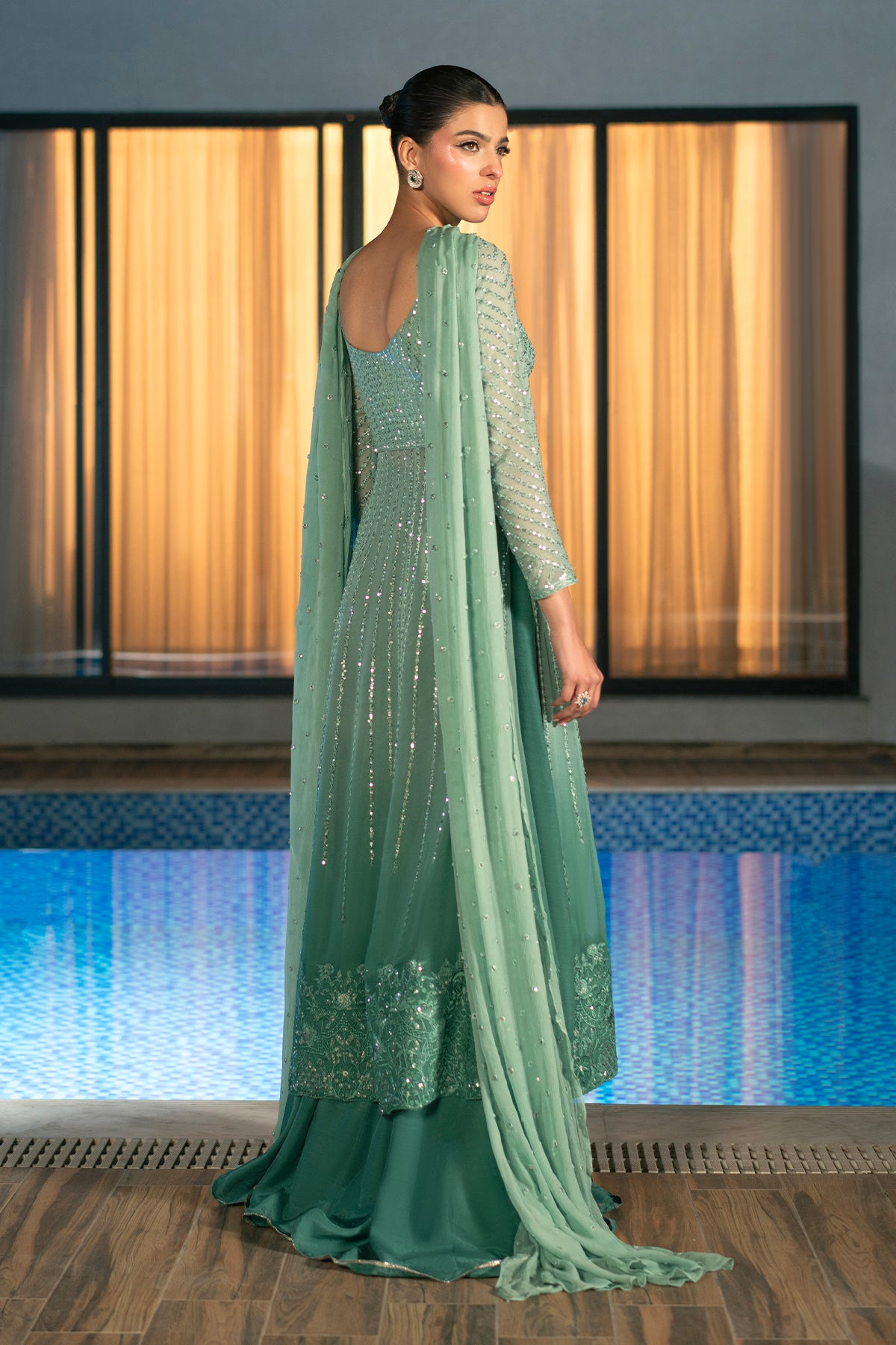 Sea Green Ombré Embroidered Chiffon Sharara (3-Piece) - Image 5