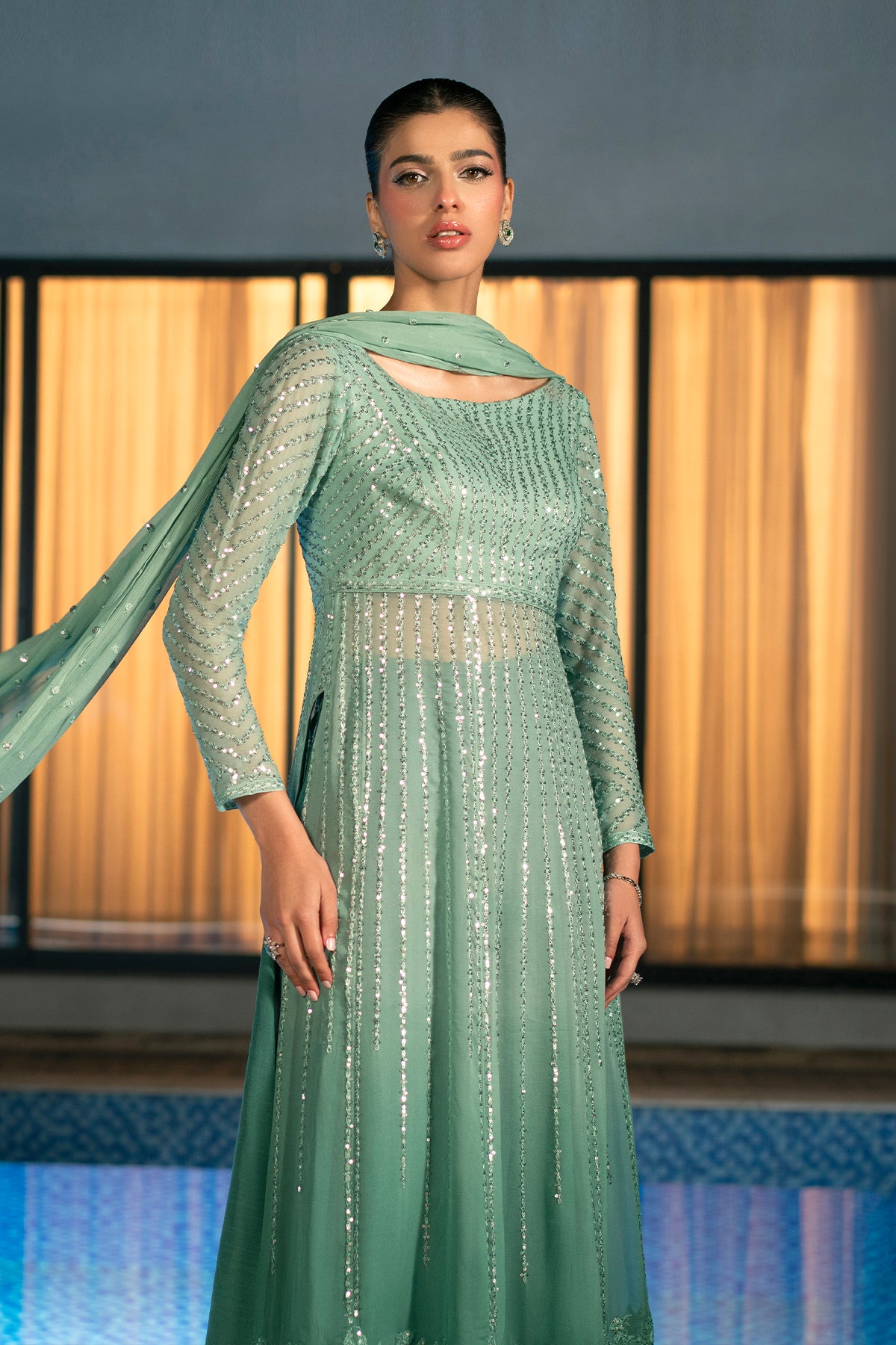 Sea Green Ombré Embroidered Chiffon Sharara (3-Piece) - Image 6