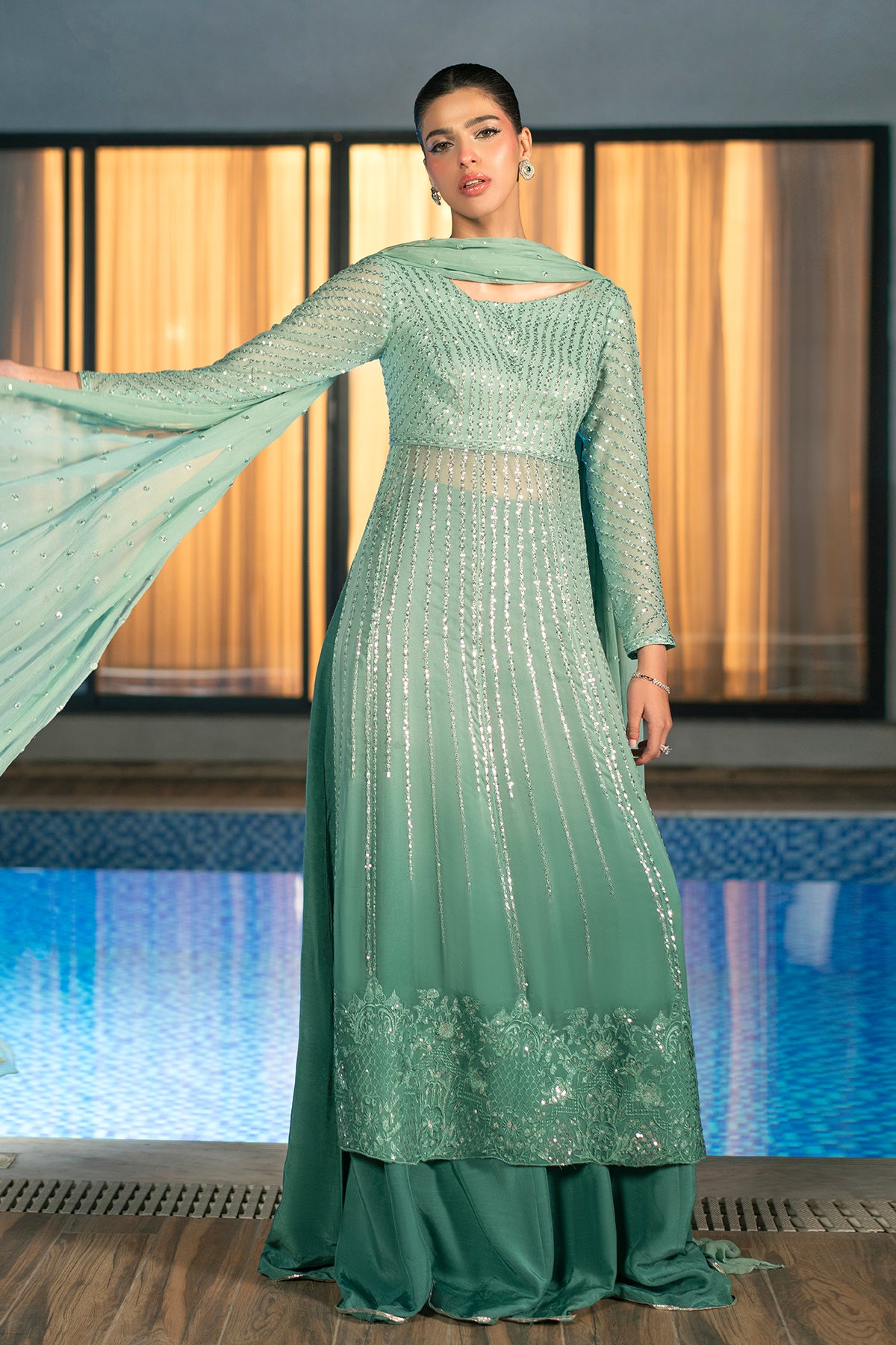 Sea Green Ombré Embroidered Chiffon Sharara (3-Piece) - Image 7