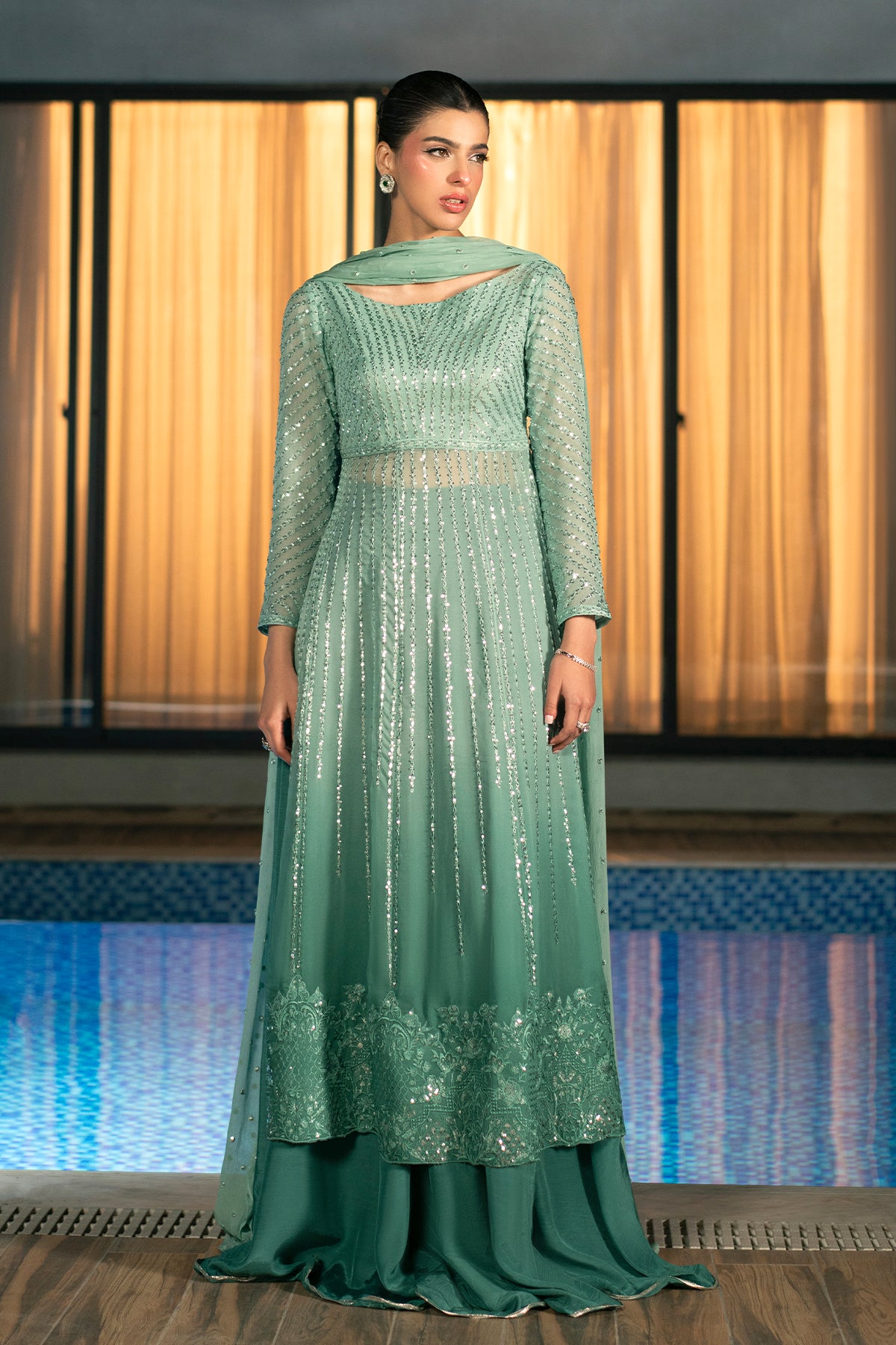 Sea Green Ombré Embroidered Chiffon Sharara (3-Piece) - Image 8