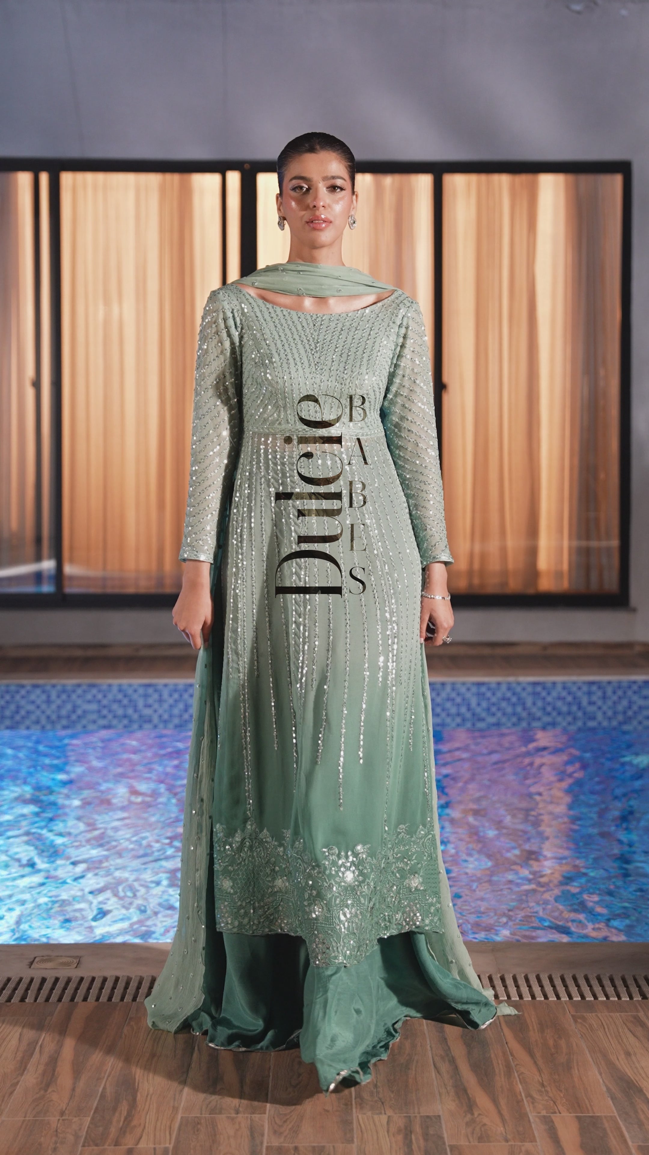 Pakistani Sea Green Ombré Embroidered Chiffon Sharara (3-Piece) - Image 10