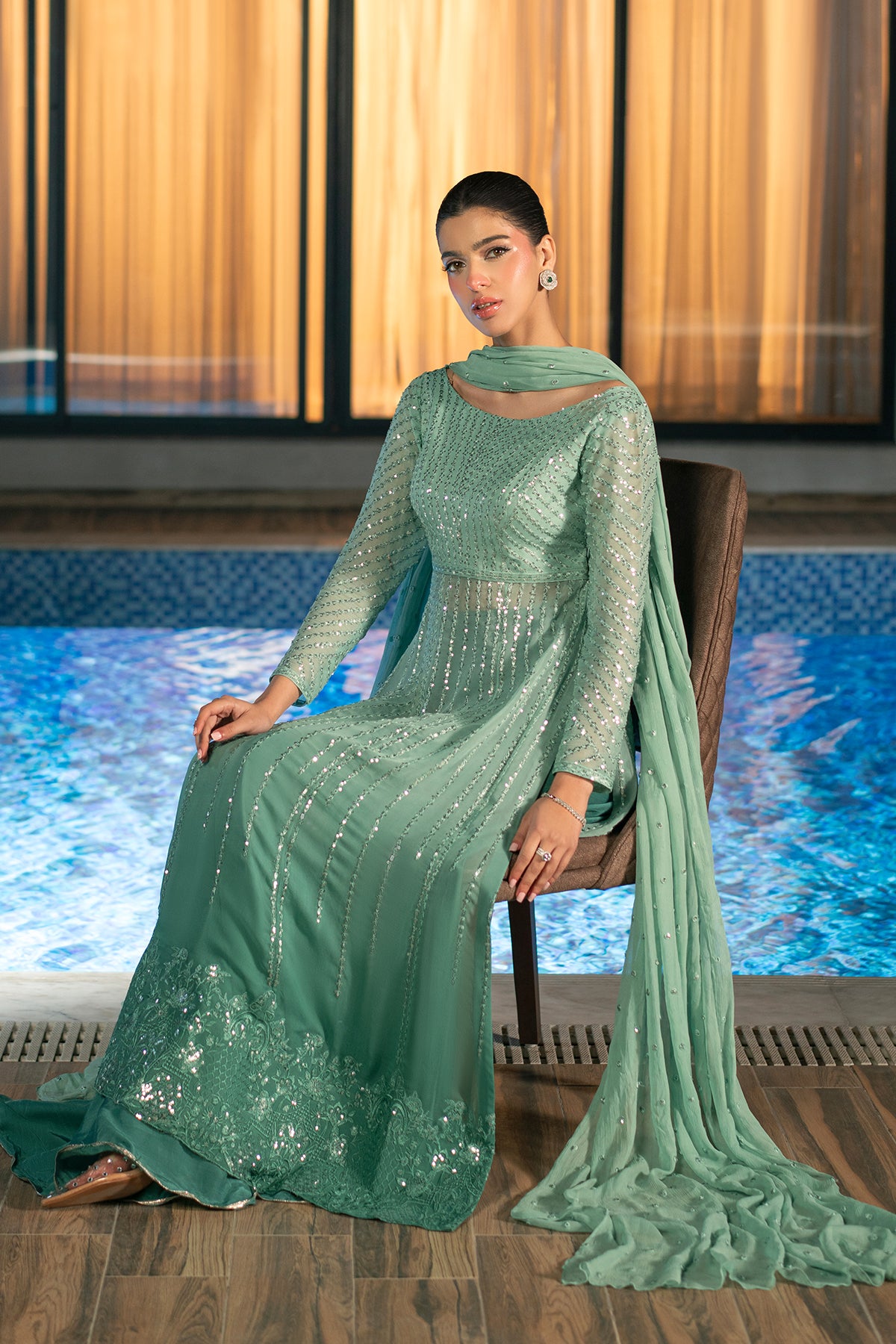 Pakistani Sea Green Ombré Embroidered Chiffon Sharara (3-Piece) - Image 4