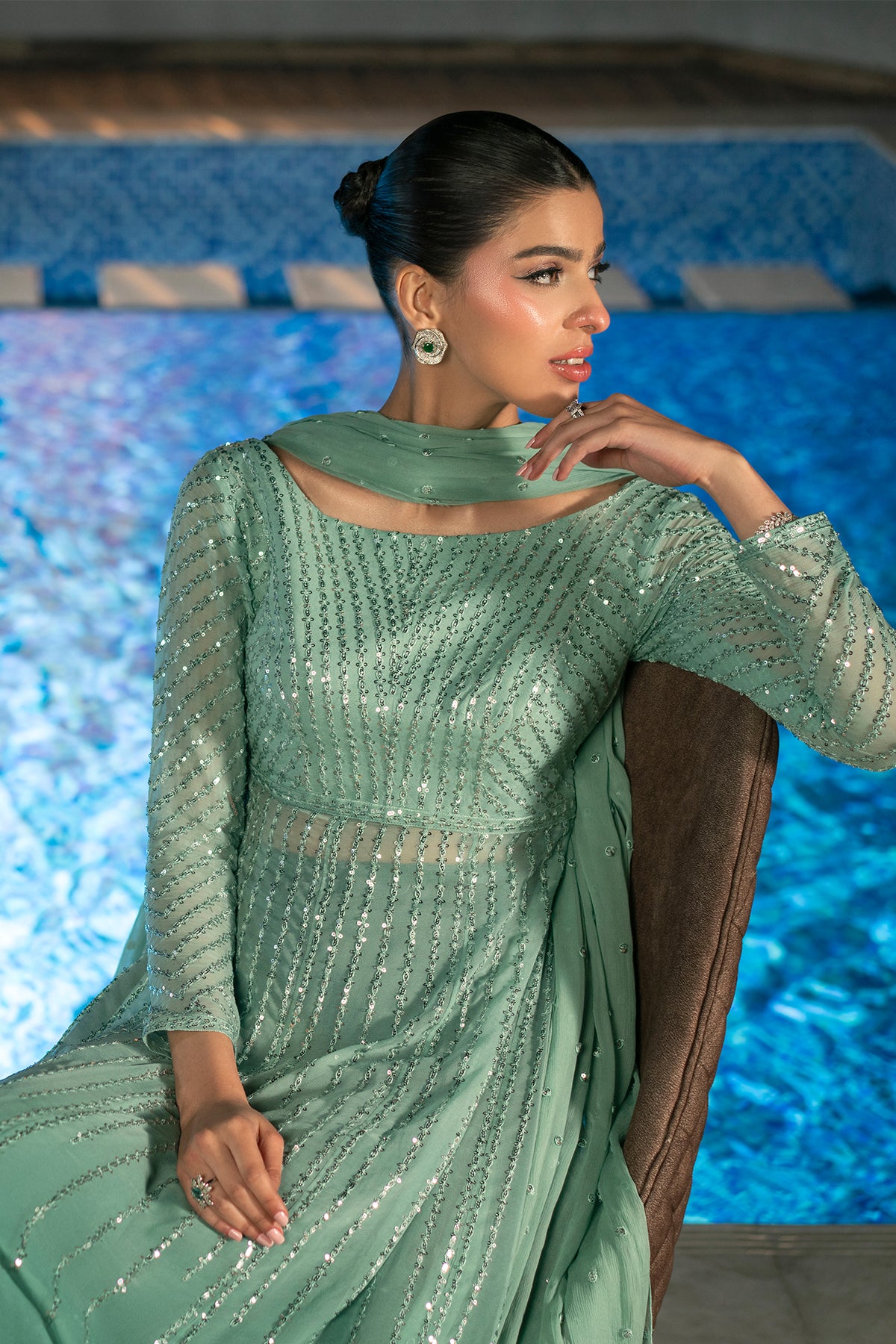 Pakistani Sea Green Ombré Embroidered Chiffon Sharara (3-Piece) - Image 9