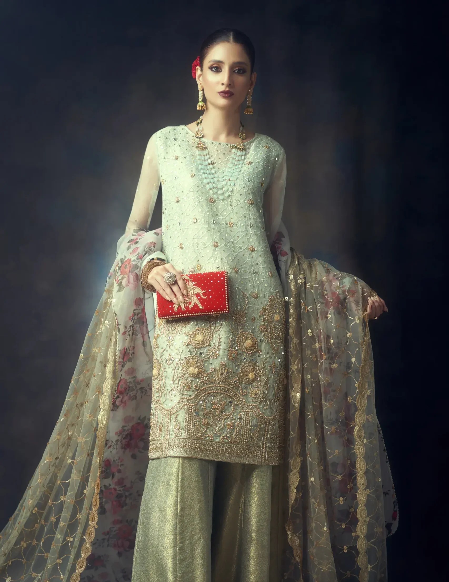 Tea-Green Embroidered Net Sharara Set (3-Piece) - Image 1