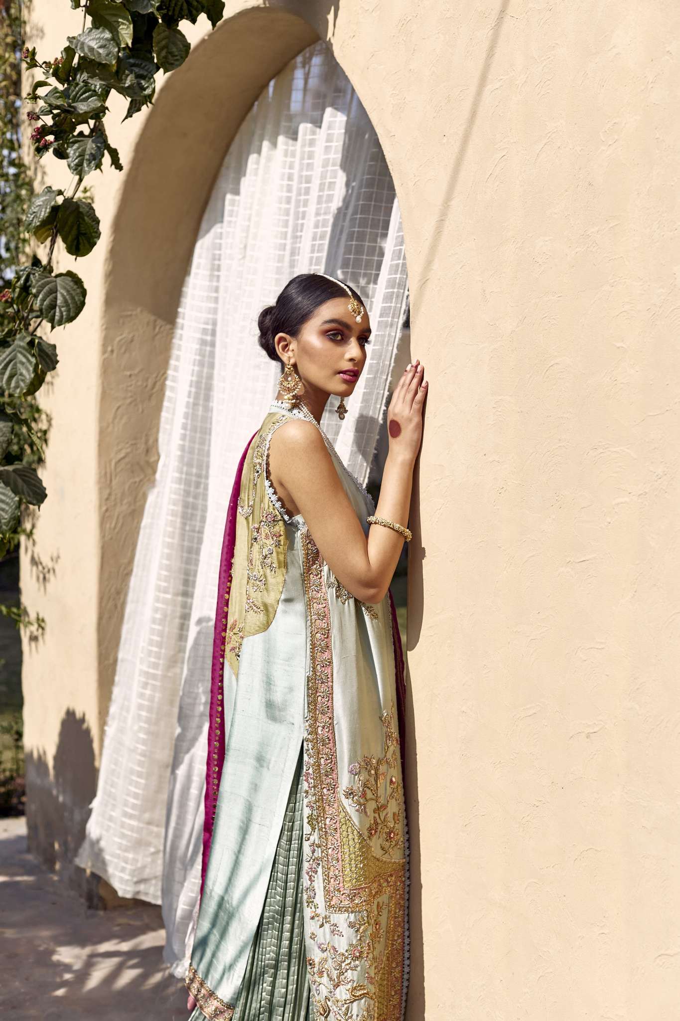 Sea Foam Green Embroidered Silk Sharara (3-Piece) - Image 1