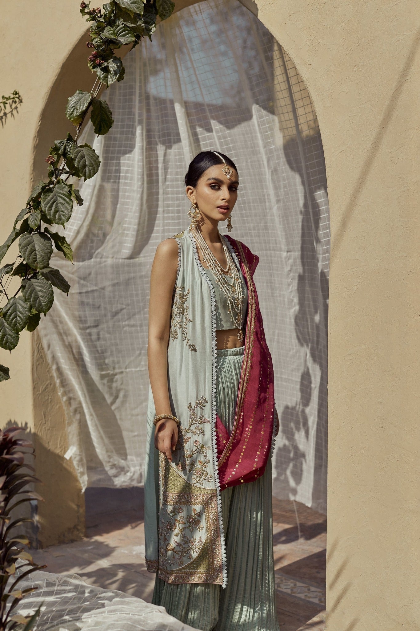 Sea Foam Green Embroidered Silk Sharara (3-Piece) - Image 2