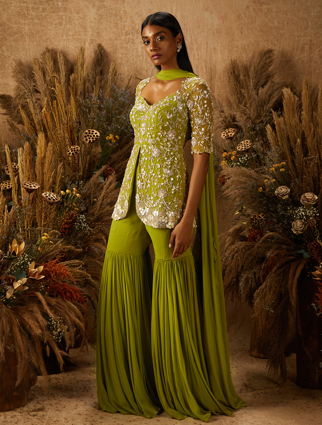 Indian Light Green Zardozi Georgette Sharara (3-Piece) - Image 1