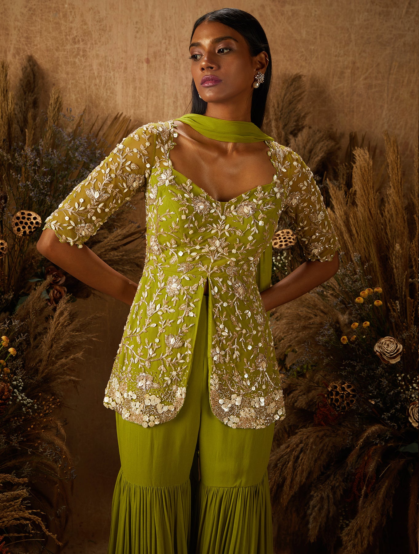 Indian Light Green Zardozi Georgette Sharara (3-Piece) - Image 2