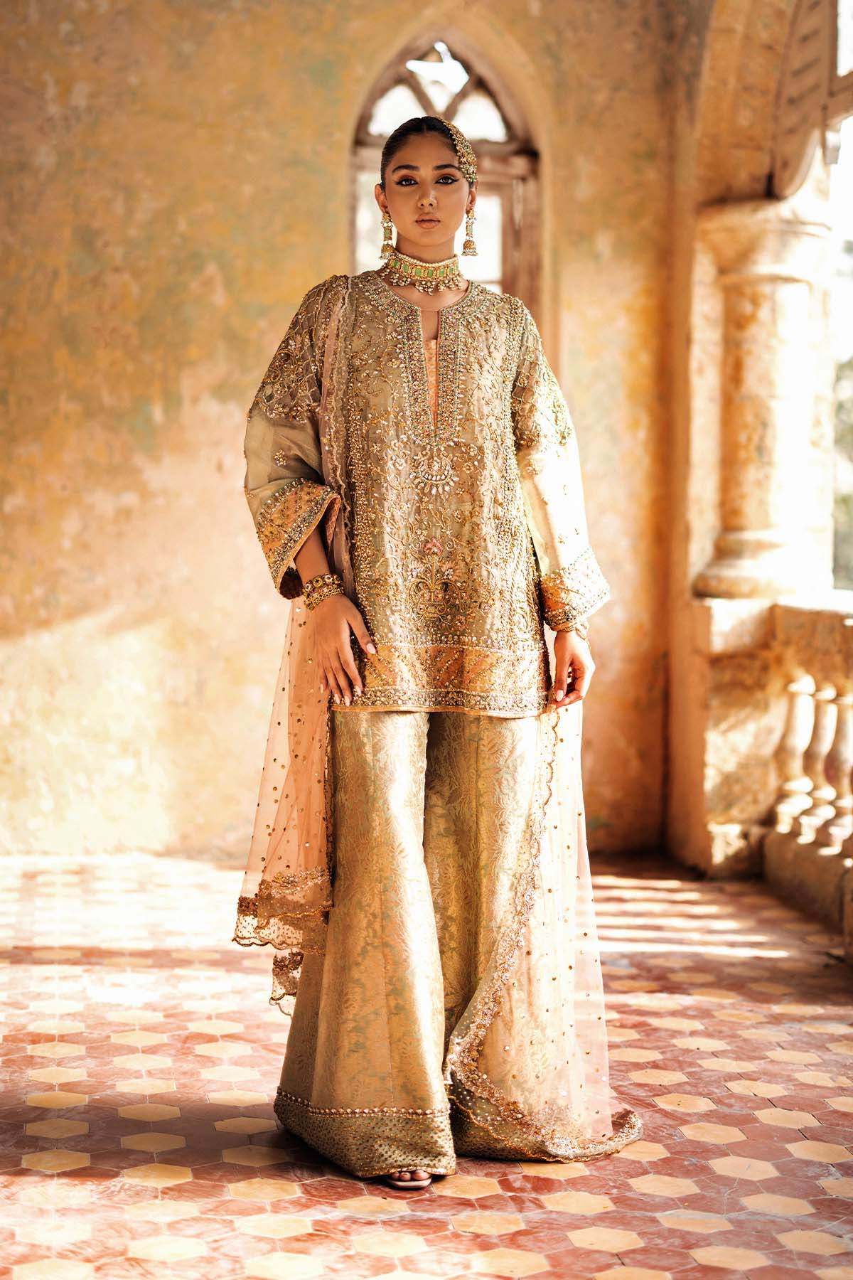 Pakistani Pistachio Green Embroidered Jamawar Sharara Set (3-Piece) - Image 1