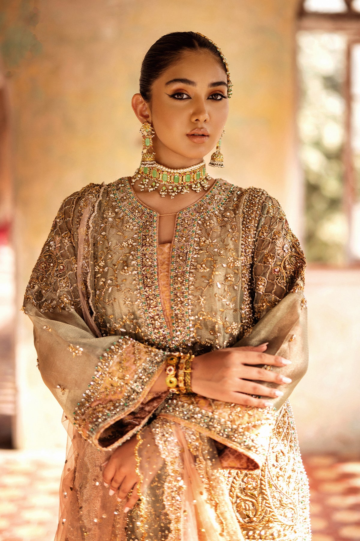 Pakistani Pistachio Green Embroidered Jamawar Sharara Set (3-Piece) - Image 2