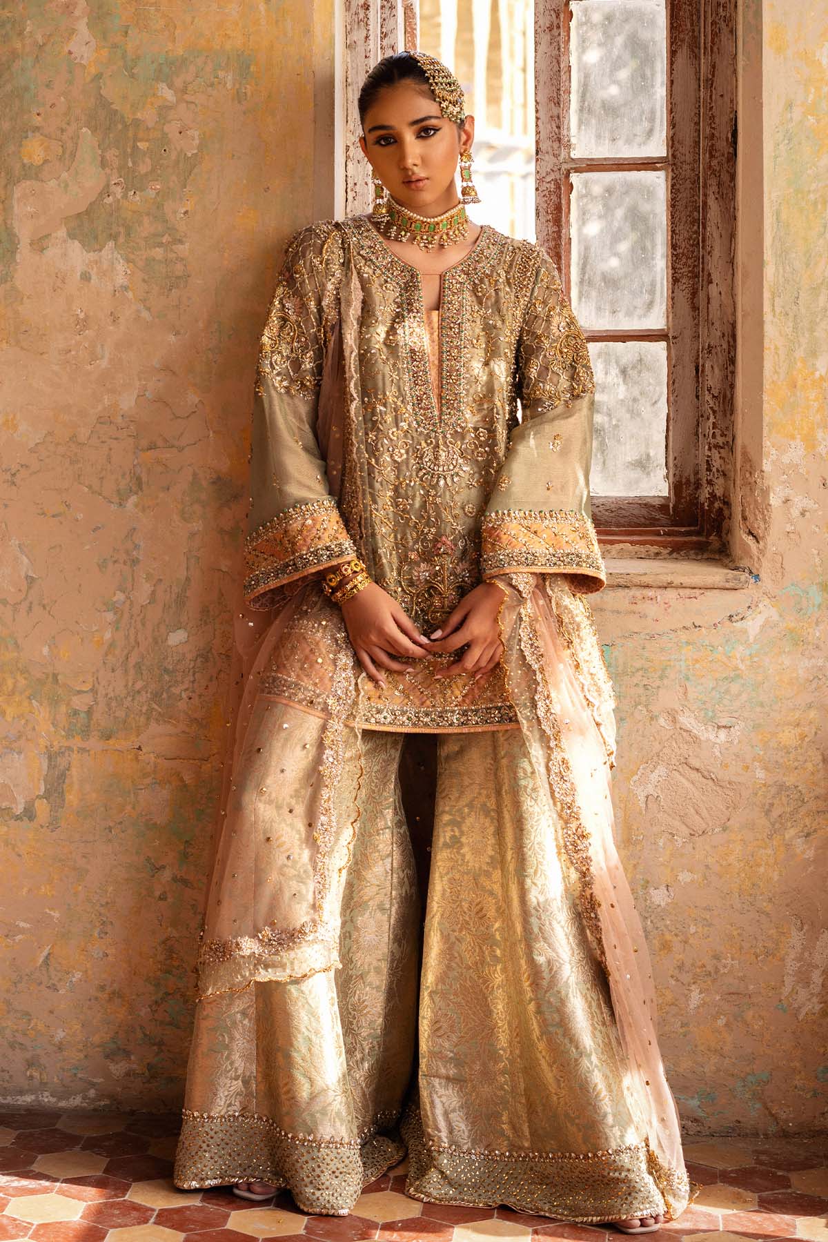 Pakistani Pistachio Green Embroidered Jamawar Sharara Set (3-Piece) - Image 3