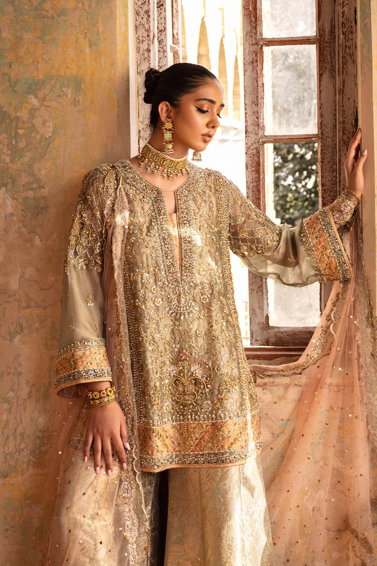 Pakistani Pistachio Green Embroidered Jamawar Sharara Set (3-Piece) - Image 4