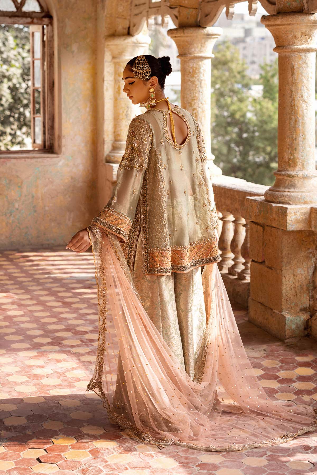 Pakistani Pistachio Green Embroidered Jamawar Sharara Set (3-Piece) - Image 5