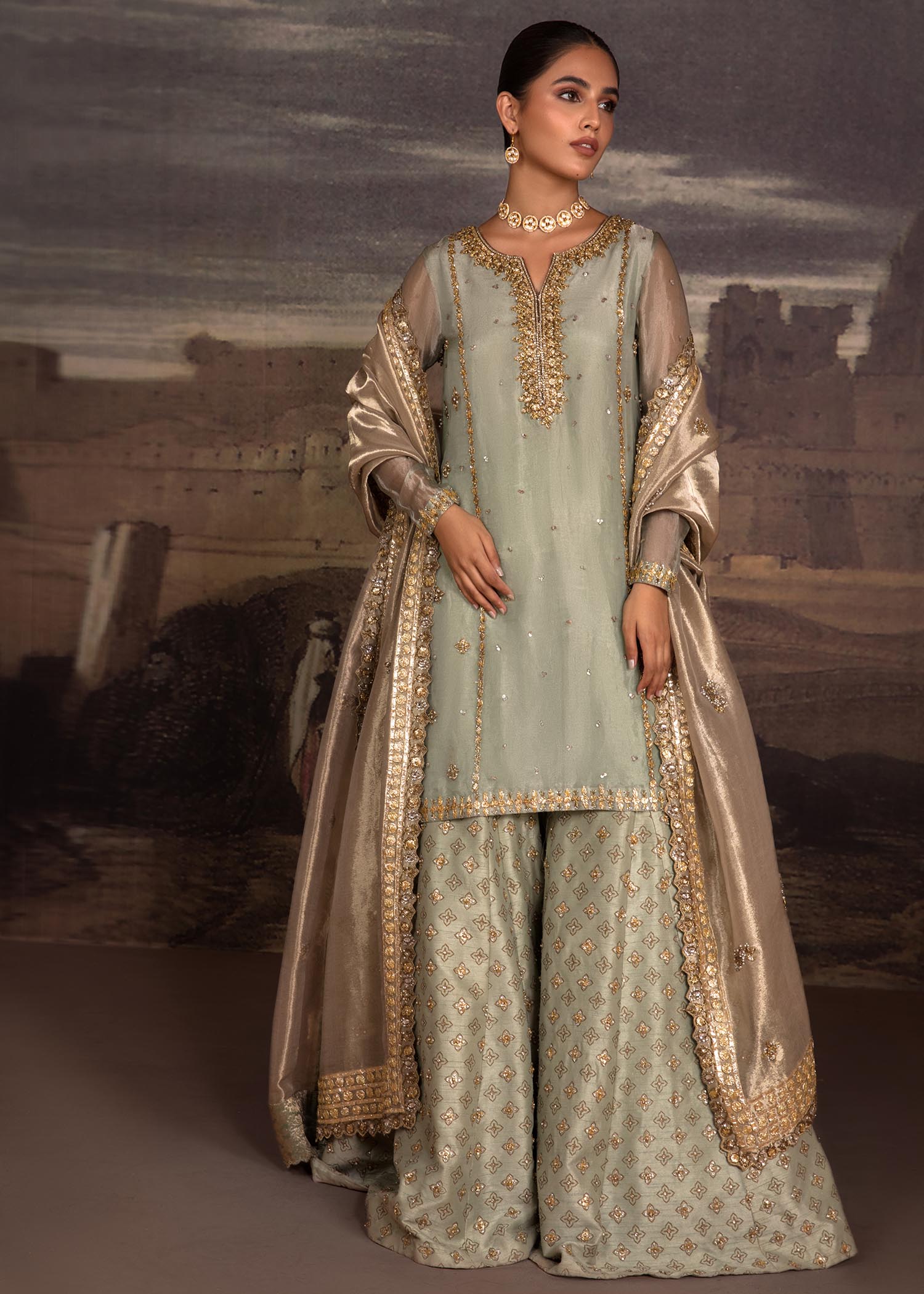Pakistani Green Hand-Embellished Organza Sharara (3-Piece) - Image 1