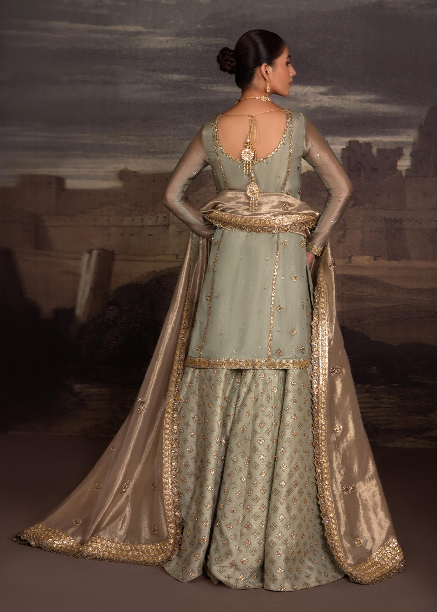 Pakistani Green Hand-Embellished Organza Sharara (3-Piece) - Image 2