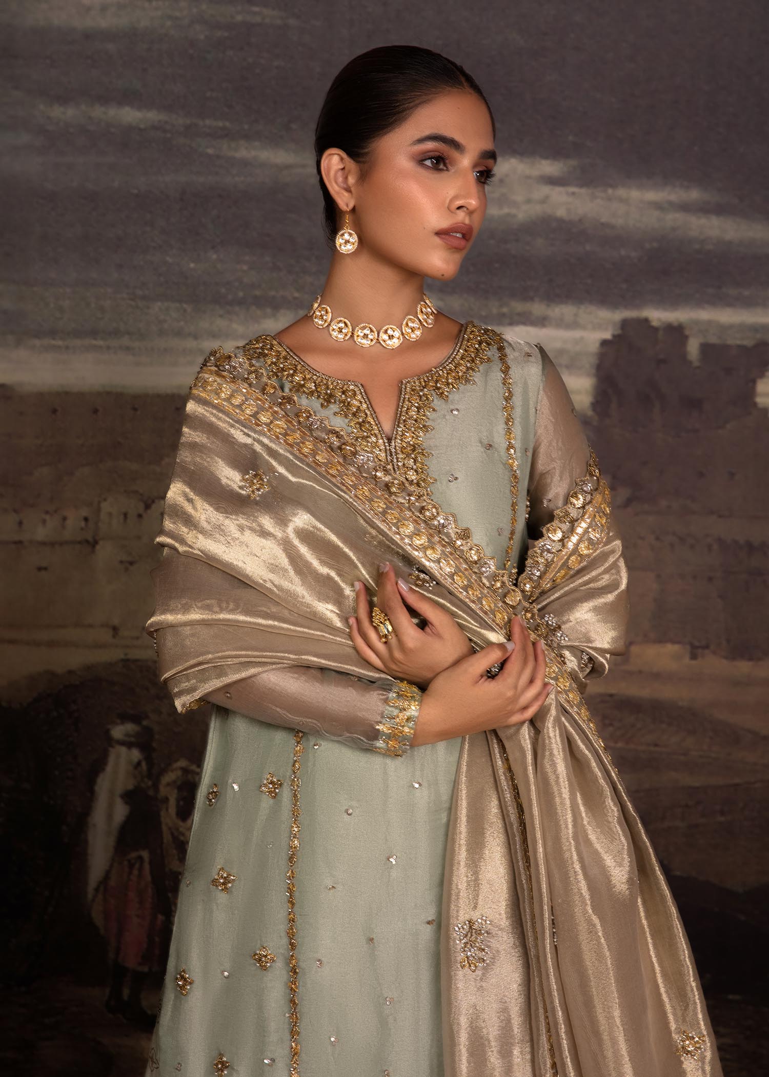 Pakistani Green Hand-Embellished Organza Sharara (3-Piece) - Image 3