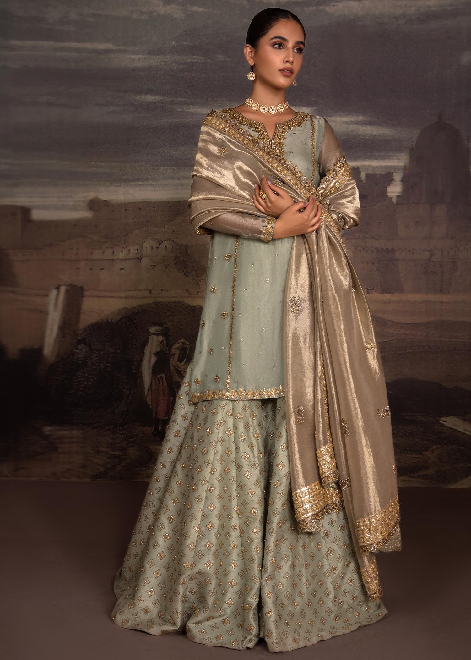 Pakistani Green Hand-Embellished Organza Sharara (3-Piece) - Image 4