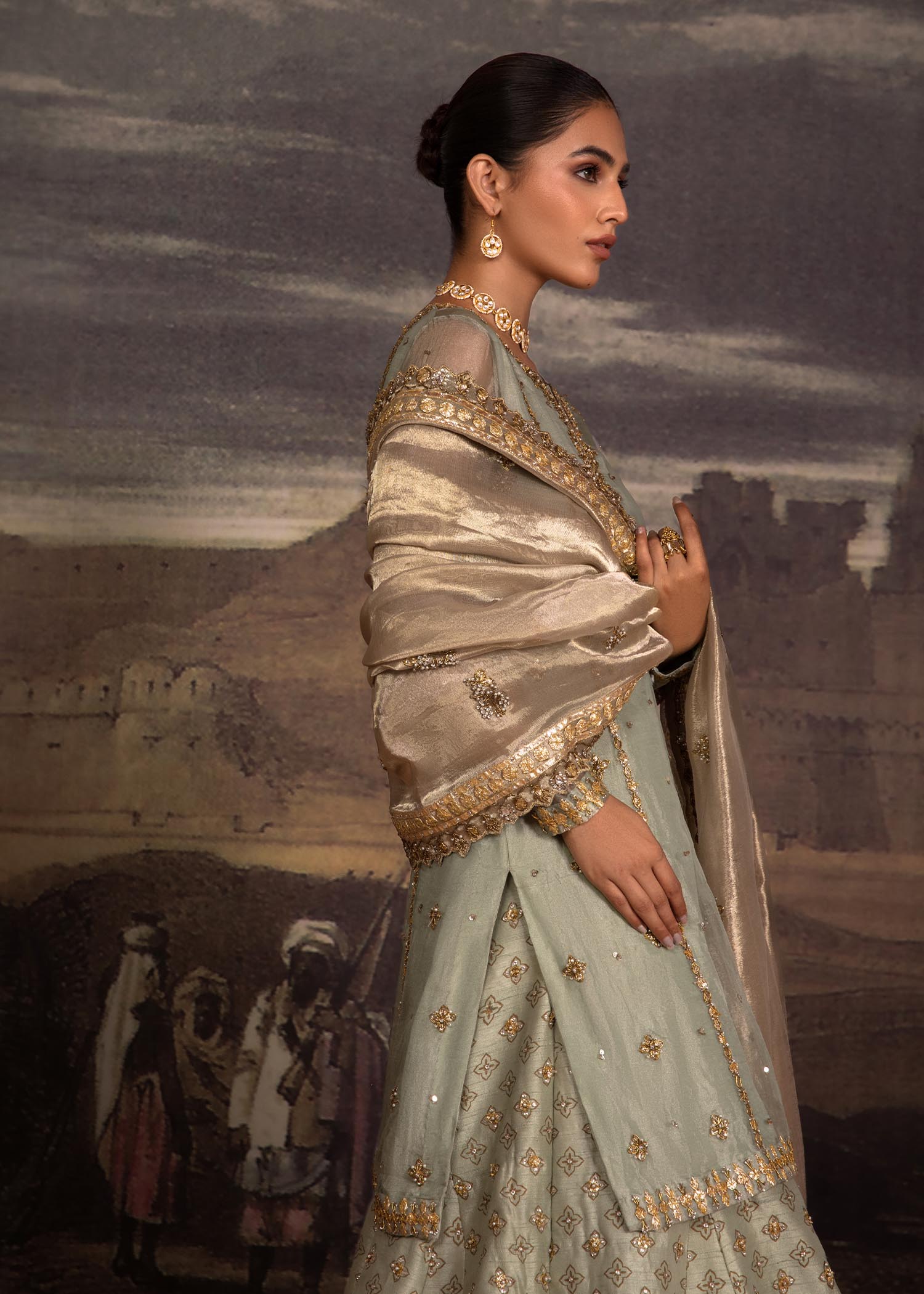 Pakistani Green Hand-Embellished Organza Sharara (3-Piece) - Image 5