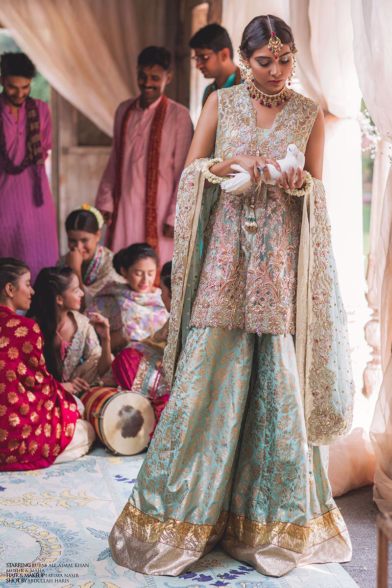 Pakistani Mint Green Embroidered Jamawar Sharara (3-Piece) - Image 1