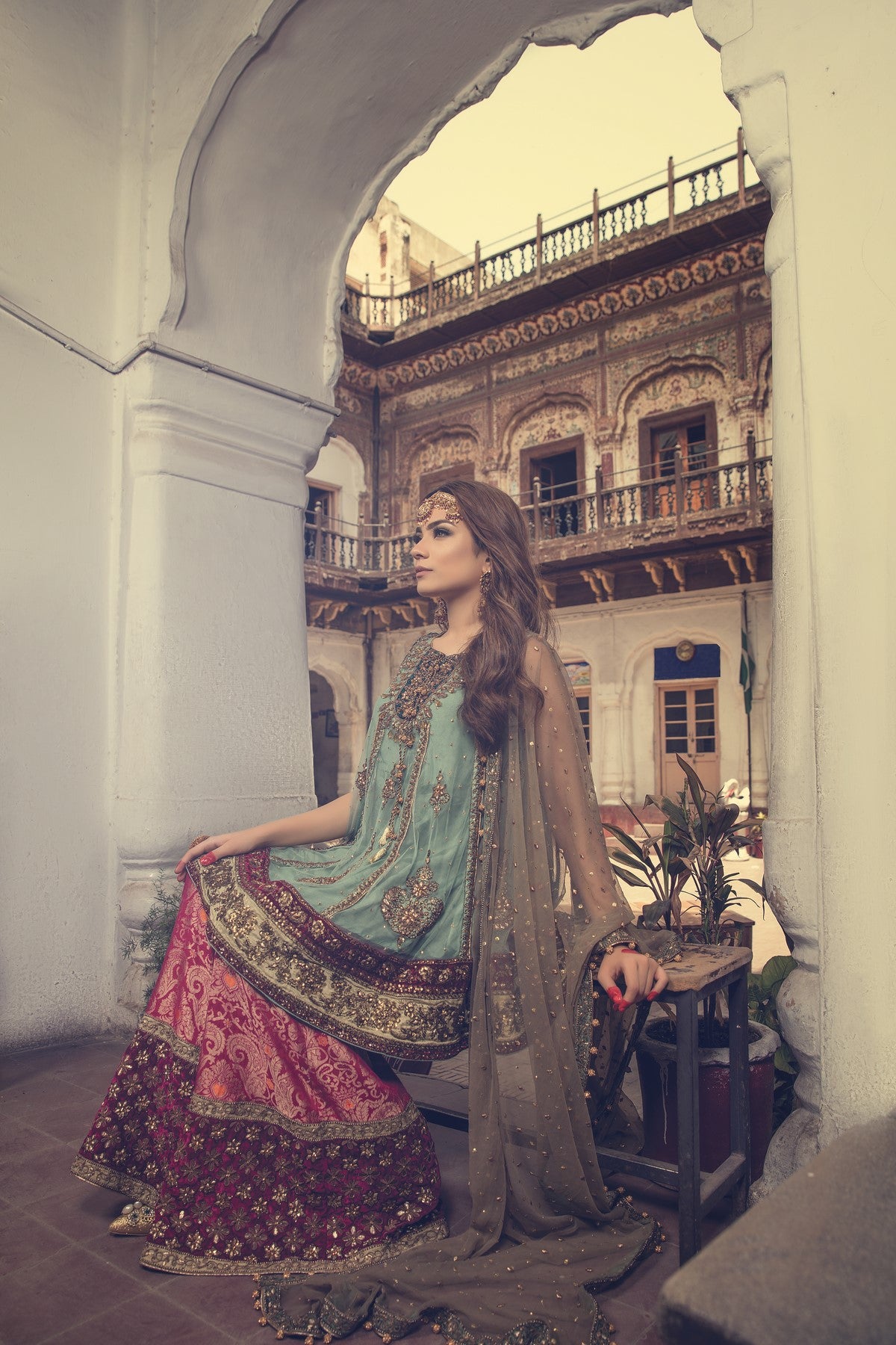 Pakistani Sea Green Embellished Net Peplum with Jamawar Sharara (4-Piece) - Image 1