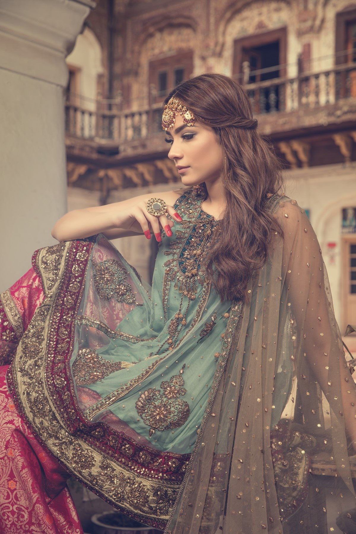 Pakistani Sea Green Embellished Net Peplum with Jamawar Sharara (4-Piece) - Image 2