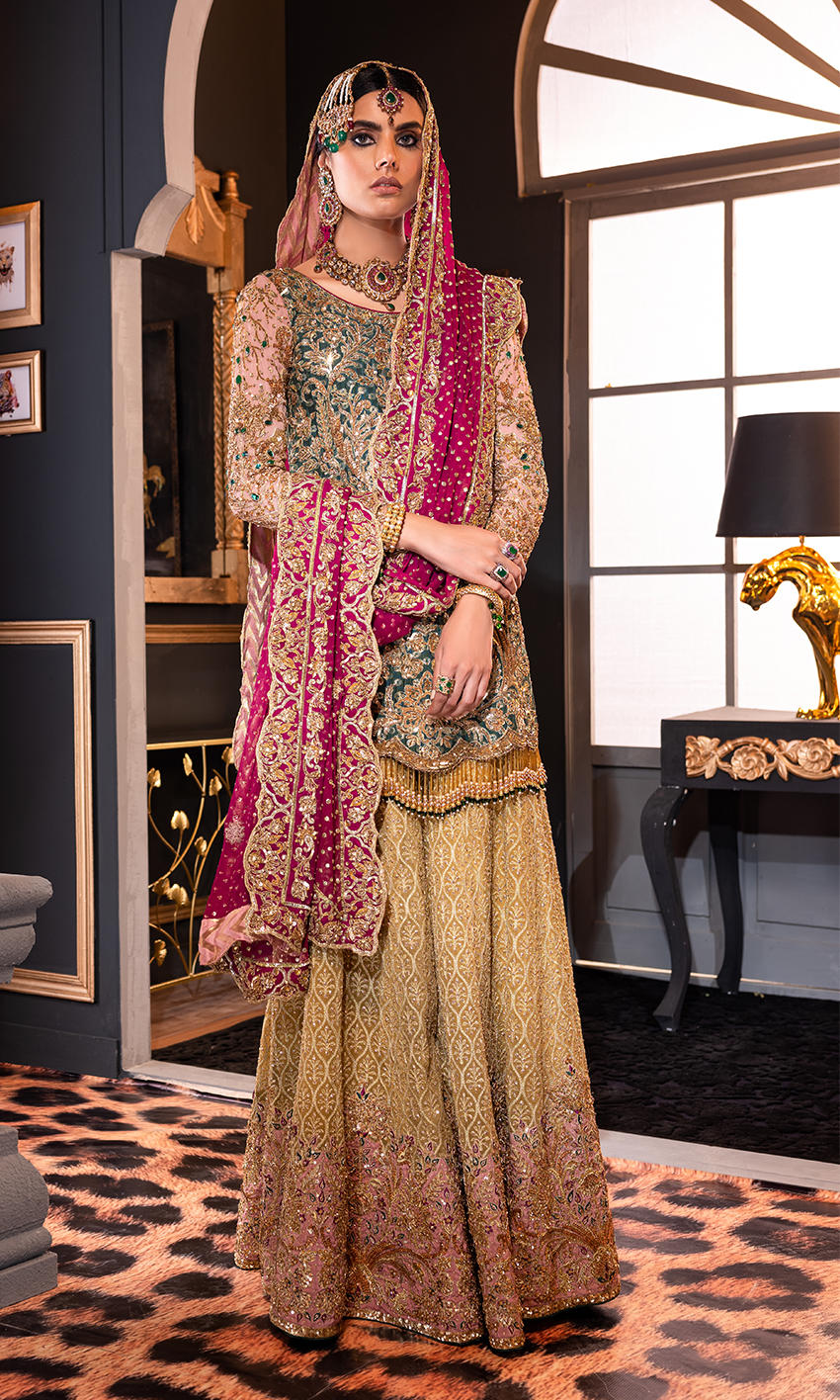 Emerald Green Zardozi Silk Sharara (3-Piece) - Image 1