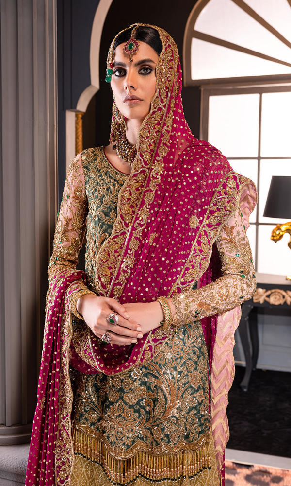 Emerald Green Zardozi Silk Sharara (3-Piece) - Image 3