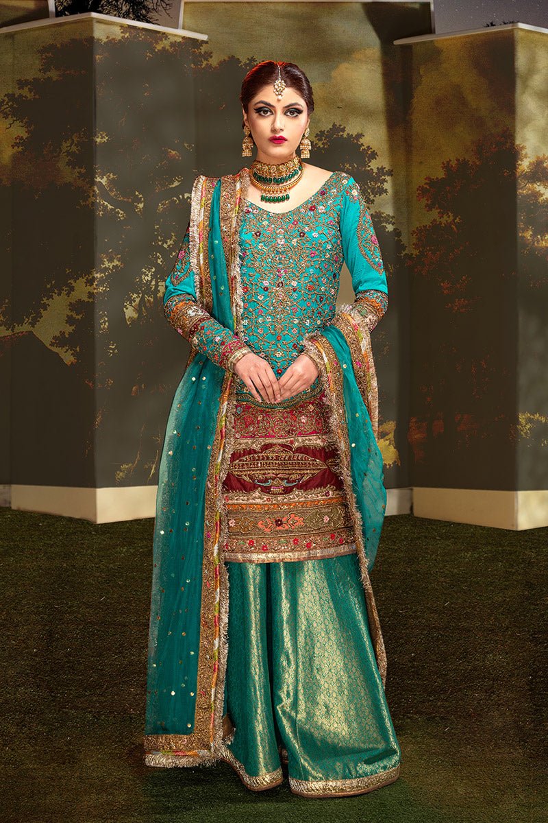 Pakistani Teal Zardozi Resham Jamawar Sharara Set (3-Piece) - Image 1